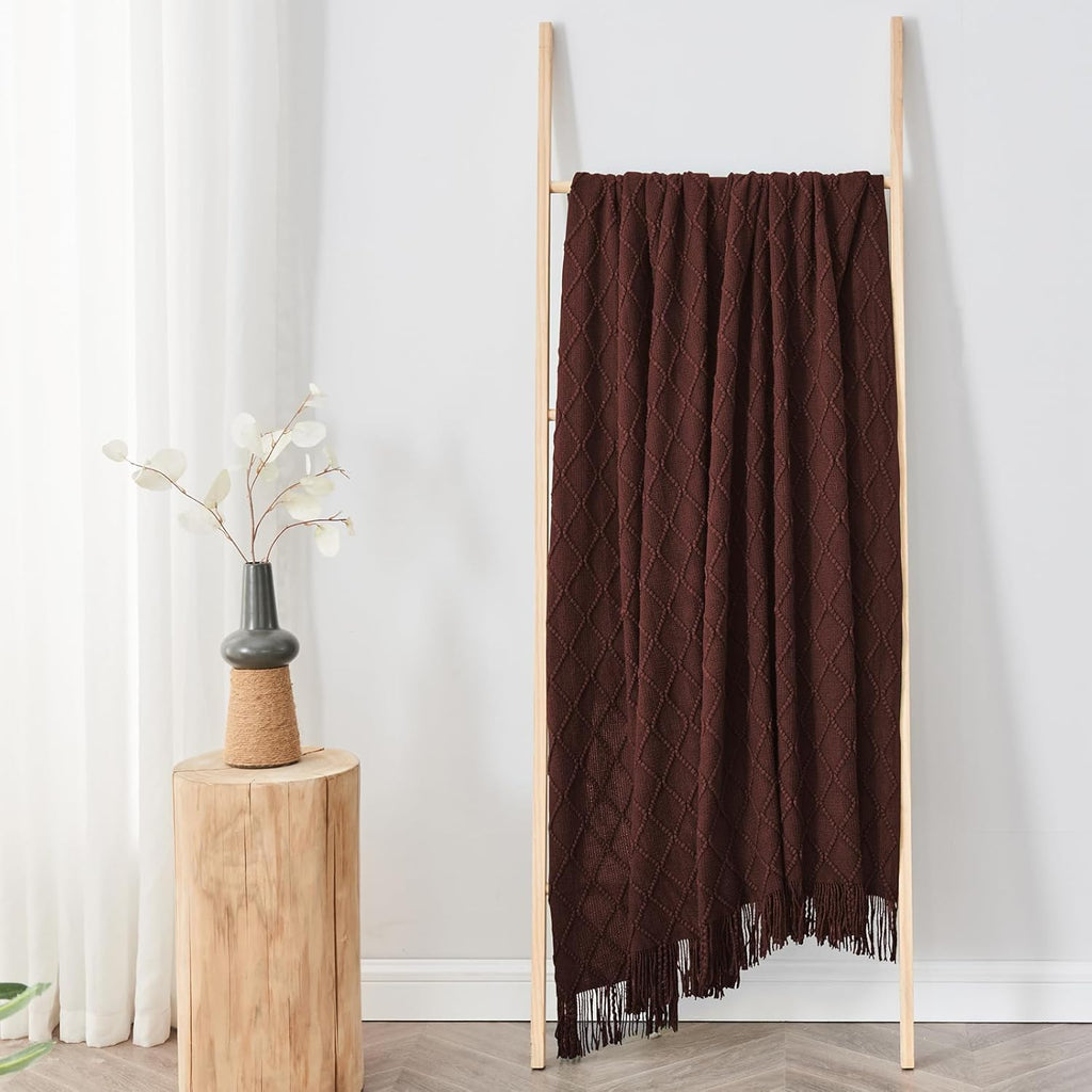 inhand Knitted Throw Blankets for Couch and Bed, Soft Cozy Knit Blanket with Tassel, Diamond Brown Lightweight Decorative Blankets and Throws, Farmhouse Warm Woven Blanket for Men and Women, 60"x80"