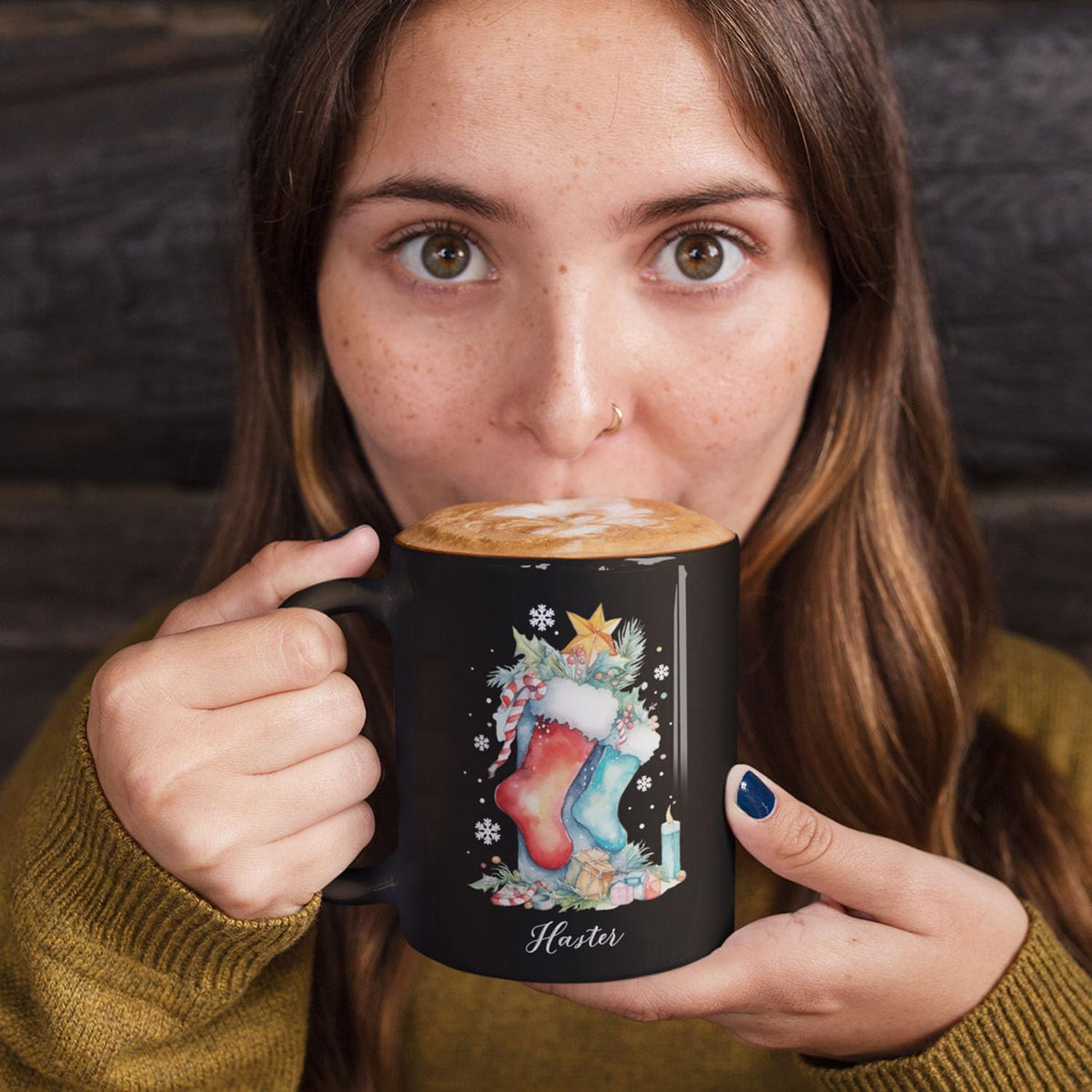 Custom Funny Christmas Cup, Christmas Sock With Gifts And Candle Design Mug, Customized Name Christmas Black Cup 11oz 15oz, Personalized Coffee Mug For Christmas, Christmas Sock Detailed Cup