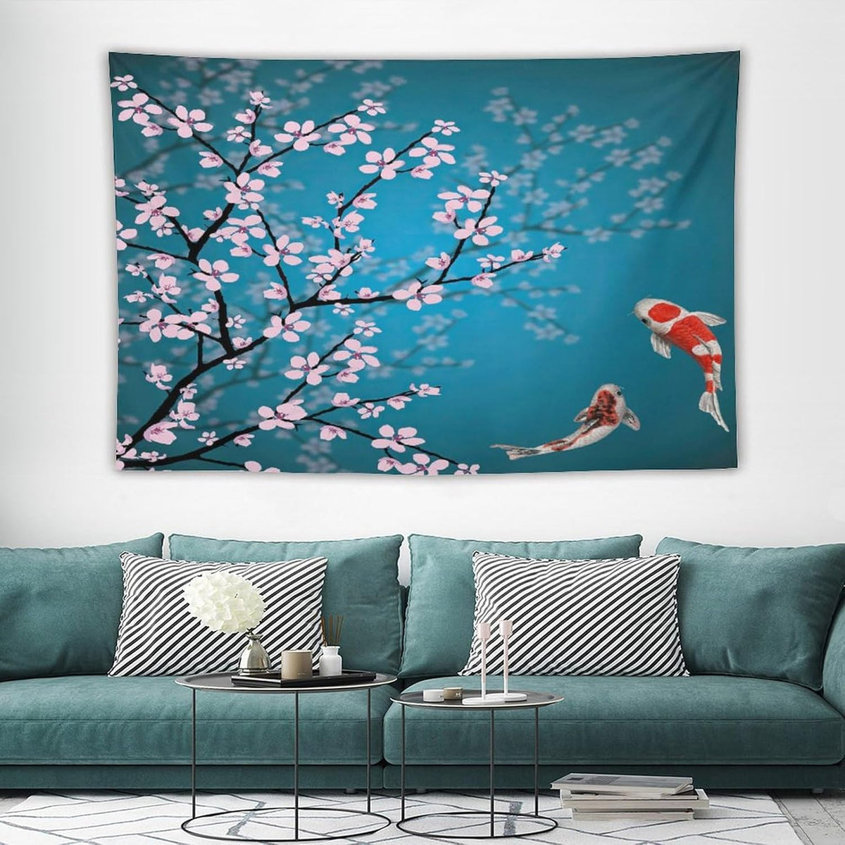 Houselerax Japanese Koi Fish Tapestry, Cherry Blossoms Asian Oriental Green Teal Flower Branch Koi Fish Carp Tapestries Wall Hanging for Bedroom Living Room Office Decor 90"x60"
