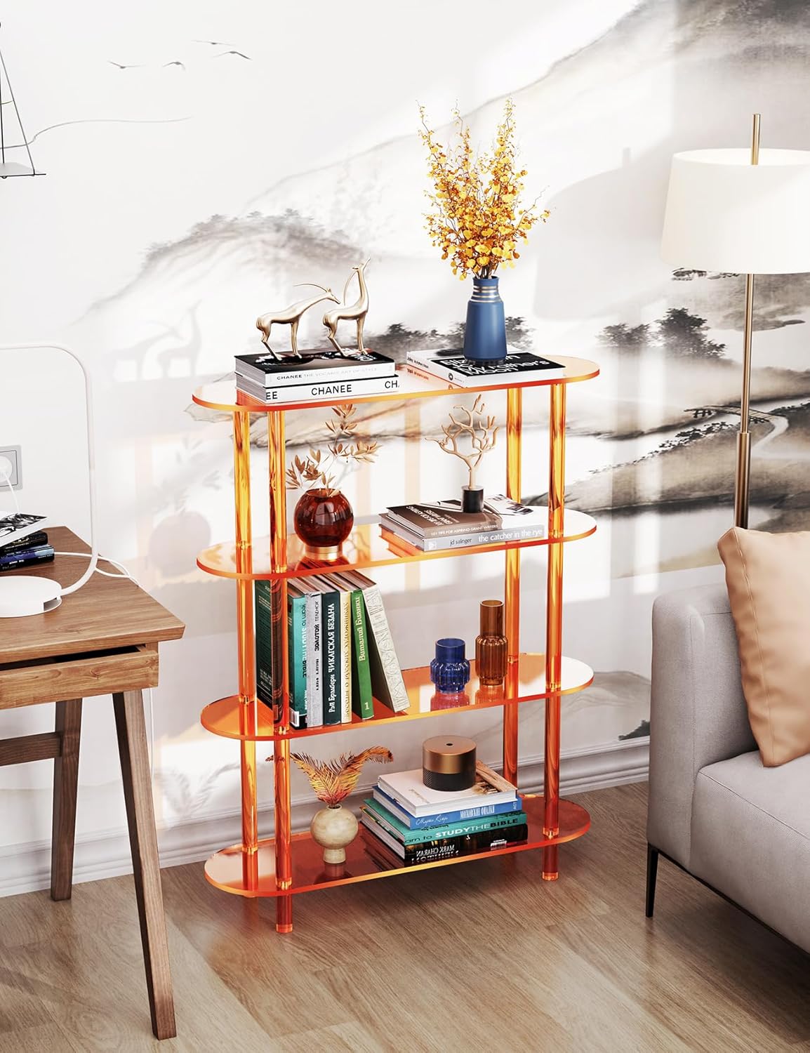 Clear Bookshelf, Acrylic Bookcase with Open Book Shelf for Office Living Room Bedroom (4 Tier Orange)