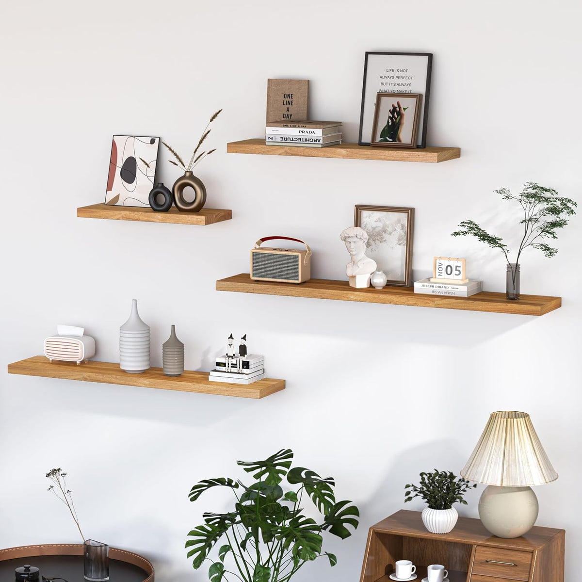 Fun Memories Floating Shelves for Wall, 72"x9.3" Rustic Solid Elm Wood Shelves, Heavy-Duty Wall Mounted Shelves with Invisible Brackets for Living Room, Bedroom, Kitchen, Natural Finish