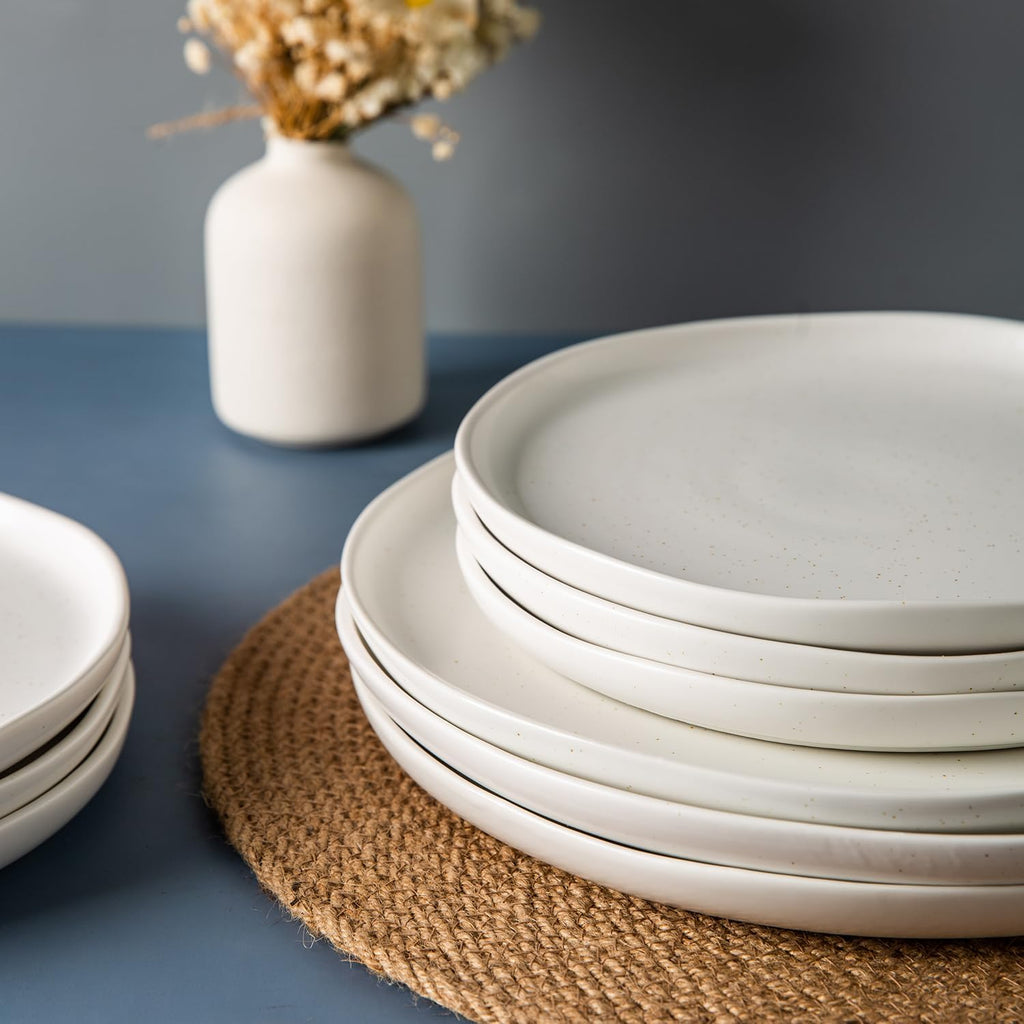 AmorArc Ceramic Dinnerware Sets, Wavy Rim Stoneware Plates and Bowls Sets,Highly Chip and Crack Resistant | Dishwasher & Microwave & Oven Safe Dishes set, Service for 8 (24pc)-Matte Speckled White