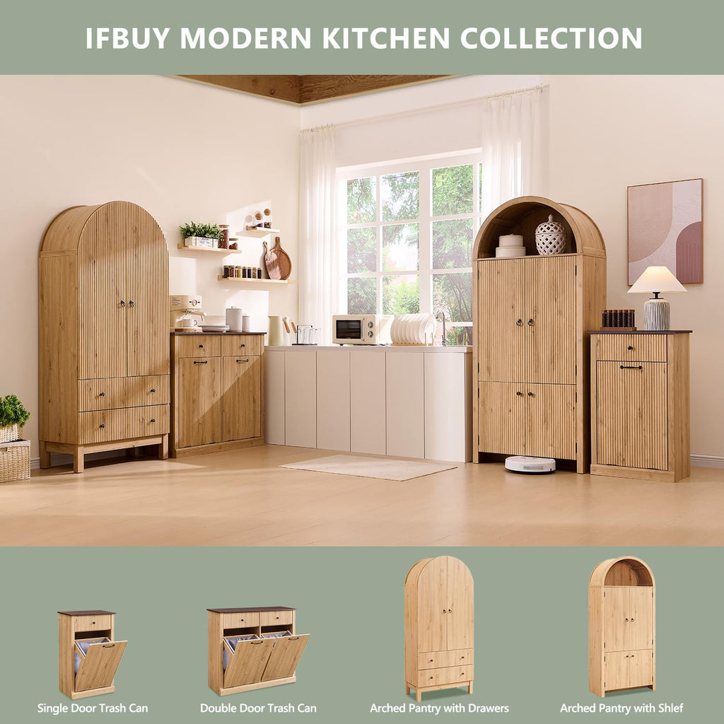 71" Tall Arched Bathroom Storage Cabinet, Modern Fluted Storage Cabinet w/Doors, 3 Adjustable Shelves, 6 Door Shelves, Wood Freestanding Cabinet for Bathroom, Entryway, Hallway, Natural
