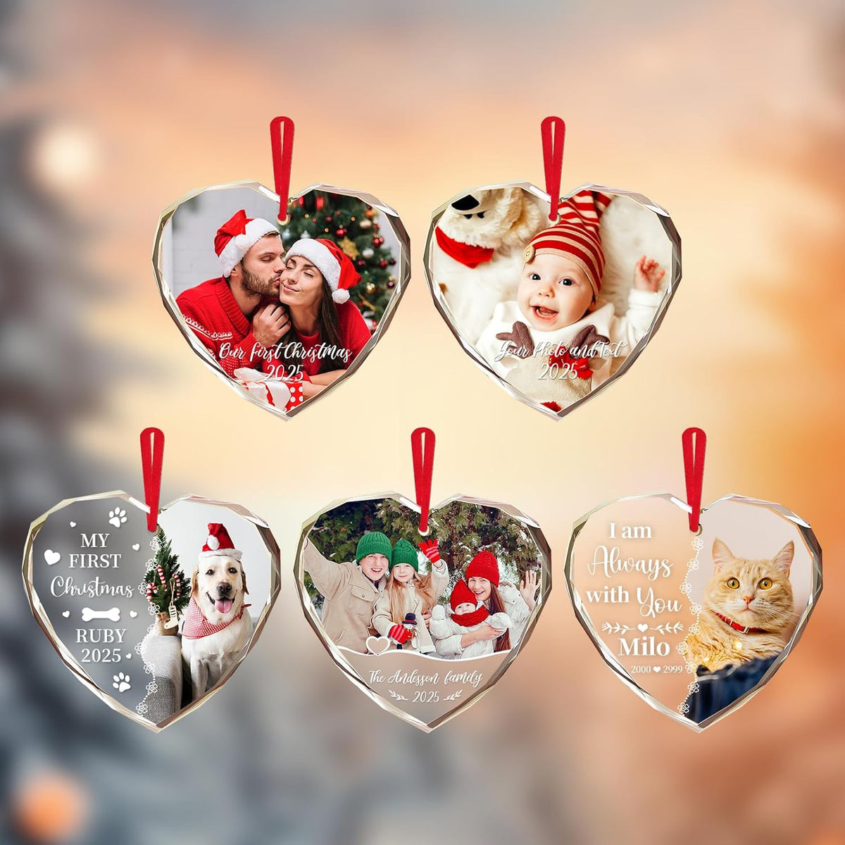 Personalized Christmas Ornaments 2025 with Photo & Text - Customized Crystal Glass Christmas Tree Decor Gifts for Family, Couples, Pets, Baby’s First Xmas – 6 Heart/Round Designs