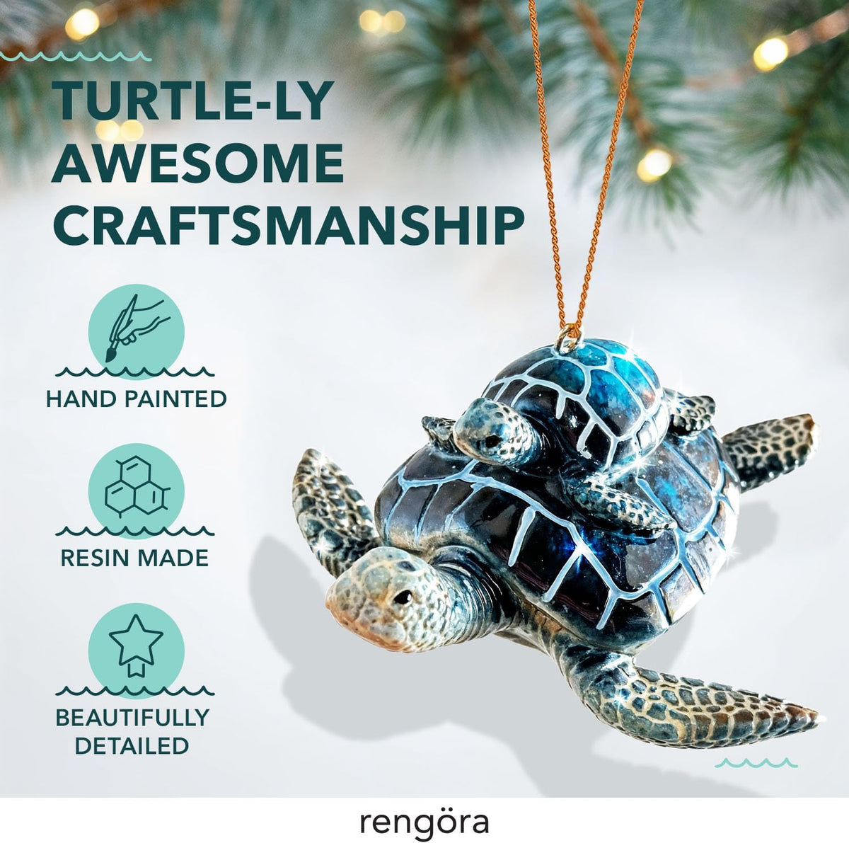 Hand-Painted Beach Christmas Ornament – Coastal Tree Decoration for Ocean Lovers – Unique Nautical Ornament for Christmas Tree or Stocking Stuffer Gift (Blue Sea Turtle Mother and Baby)