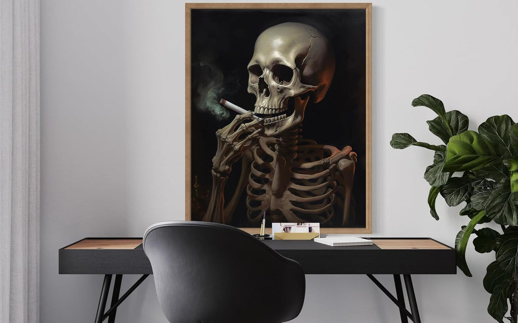 Skull Smoking Ciggarettes Poster Art Print, Halloween Scary Vintage Wall Art Academia Spooky Painting Decoration for Horror Prints, Gothic Posters Bedroom Decor 89 (Skull Smoking Ciggarettes, 8 x 10 inches, Wood Frame)