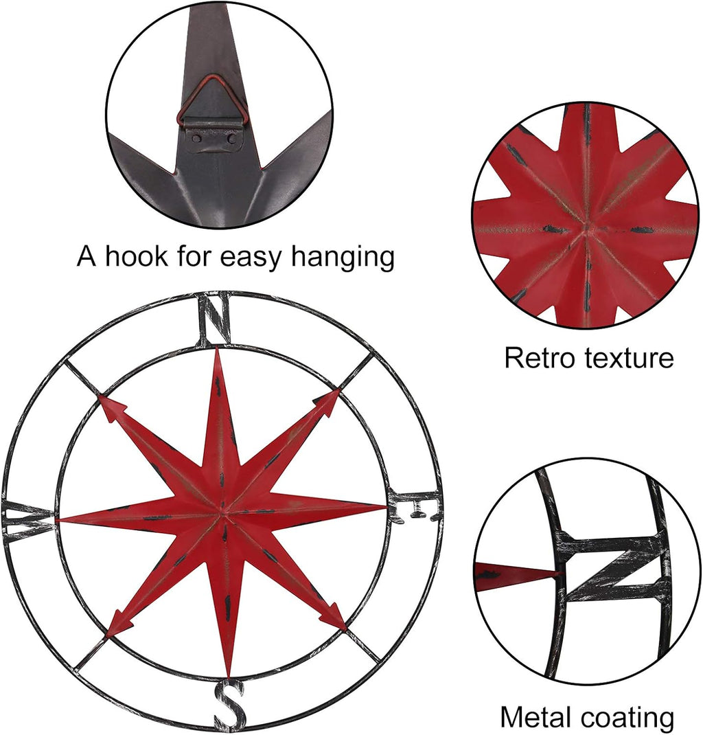 aboxoo Round Metal Compass Decorative Compass Metal Wall Art Hanging Wall Sculpture 11 Inch Diameter Farmhouse Decor Indoor or Outdoor Sign