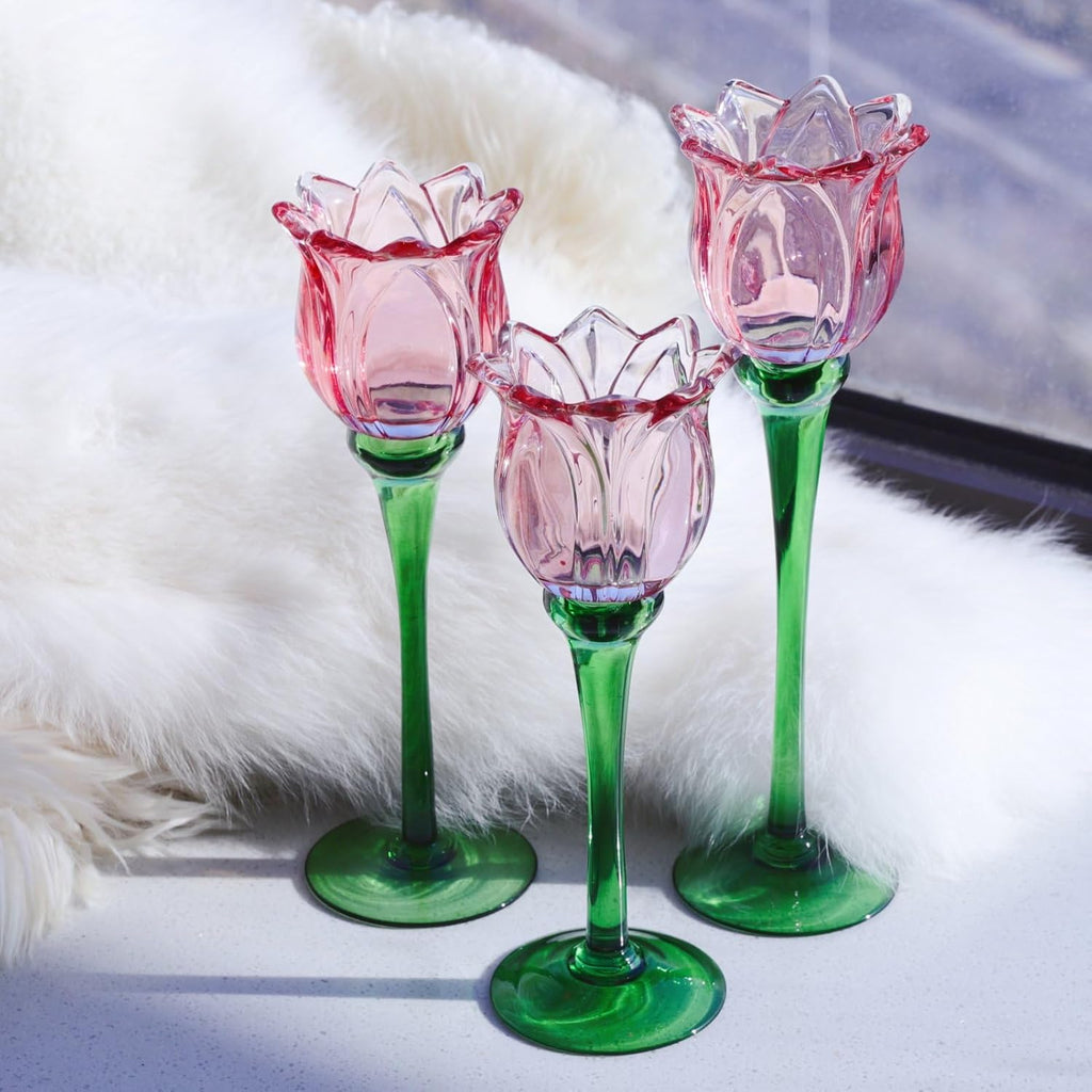 VOHO Pink Tulips Candle Holder, Romantic Pink Flower Votive Candle Holders for Wedding Bridal Shower Decorations, Tall Tealight Candle Holder Decor for Centerpiece Table(Set of3)