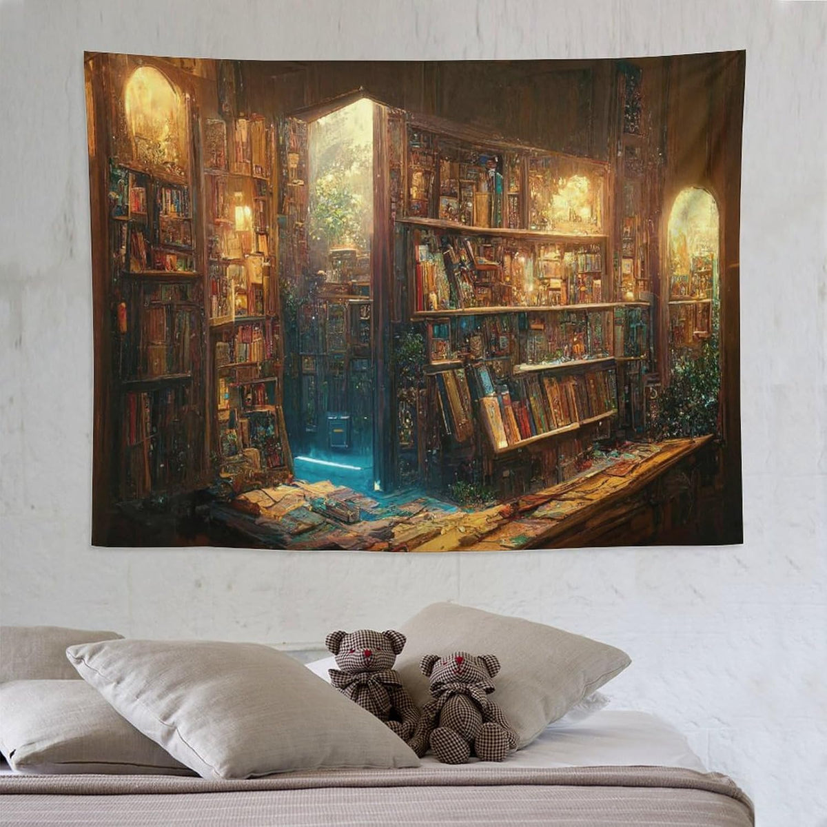 Kurtect Bookshelf Tapestry,Vintage Style Library Watercolor Art Theme Pattern Print Tapestries for Party Beach Picnic Blankets Tablecloths Living Room Wall Deocr, 60x80 in