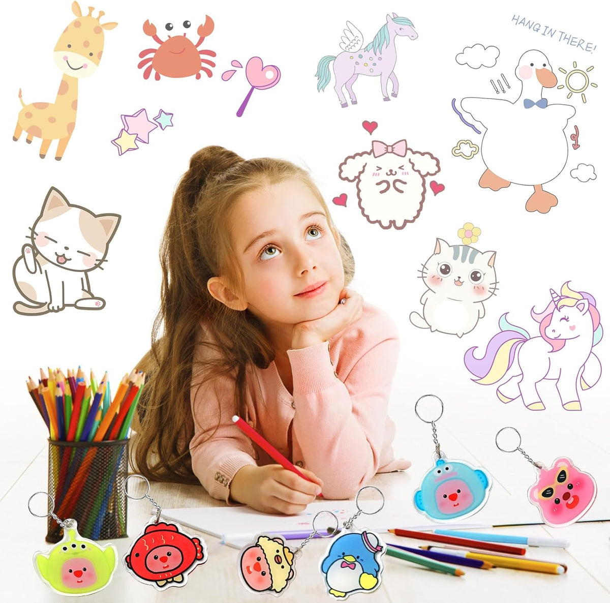 Natonhi 239Pcs Heat Shrink Plastic Sheets Keychain Kit, Including 40 Shrinky Art Paper,6 Traceable Picture, Hole Punch, Pencils, Keychains Accessories for Kids Shrinky Dinks Creative Craft Marking