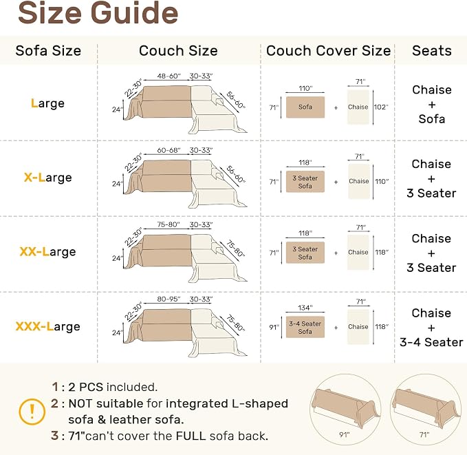 2 Pieces Sectional Couch Covers L Shaped Cover XXL Coffee | Thick Washable - Image 2