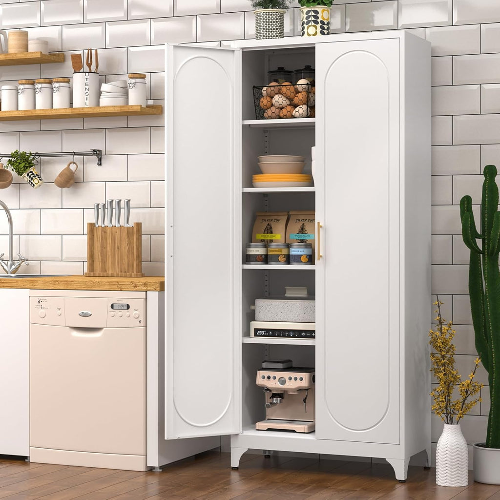Metal Storage Cabinet with Doors and Shelves, 75 Inch Tall Kitchen Pantry Cabinet, Pantry Cabinets for Kitchen Storage, Freestanding Cupboard for Living, Dining Room, White, Assembly Required