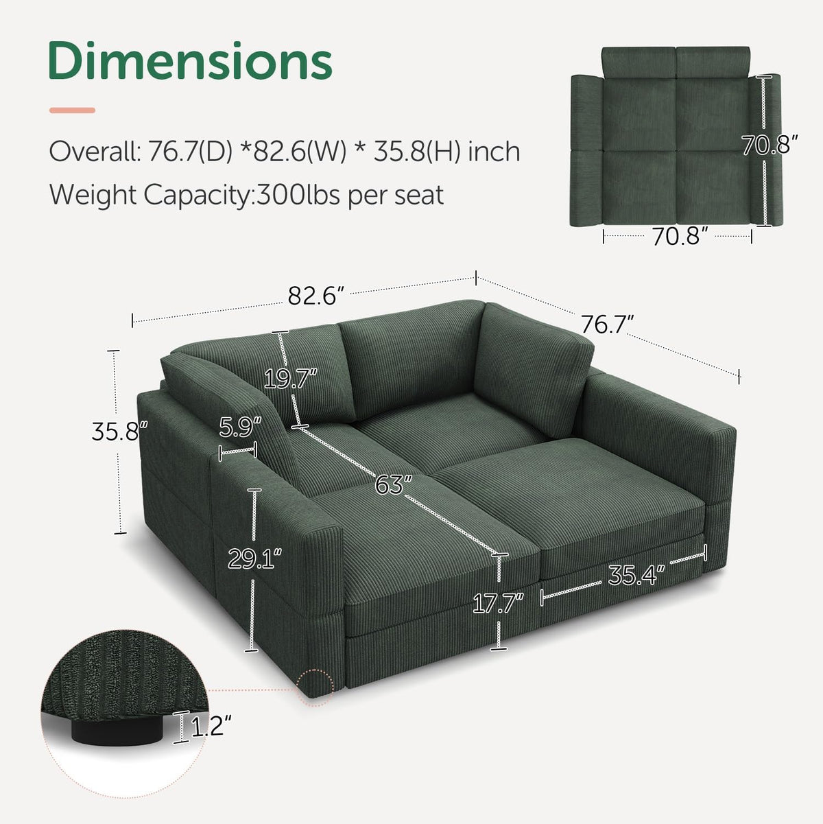 HONBAY Modular Sectional Couches with Storage Corduroy Sleeper Sofa Modular Sectional Couches for Living Room,Green