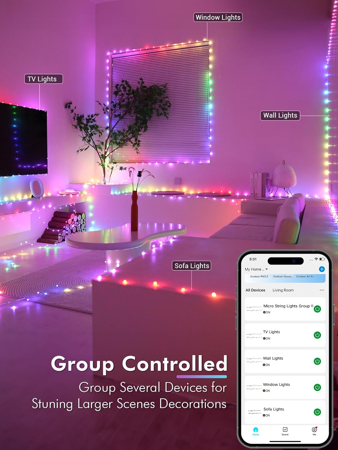 BrizLabs Smart Fairy String Lights, 66ft 200 LED WiFi RGB Christmas Fairy Lights App Control, Dimmable Rainbow Christmas Lighting, Music Sync Xmas Decorative Lighting Work with Alexa & Google Home