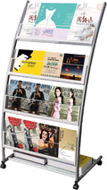 Brochure Display Stand, Floor-Standing Magazine Rack with 4 Pockets, Information Rack With casters Easy to Move for Trade Show Exhibitions Office Retail Store 44.1" H