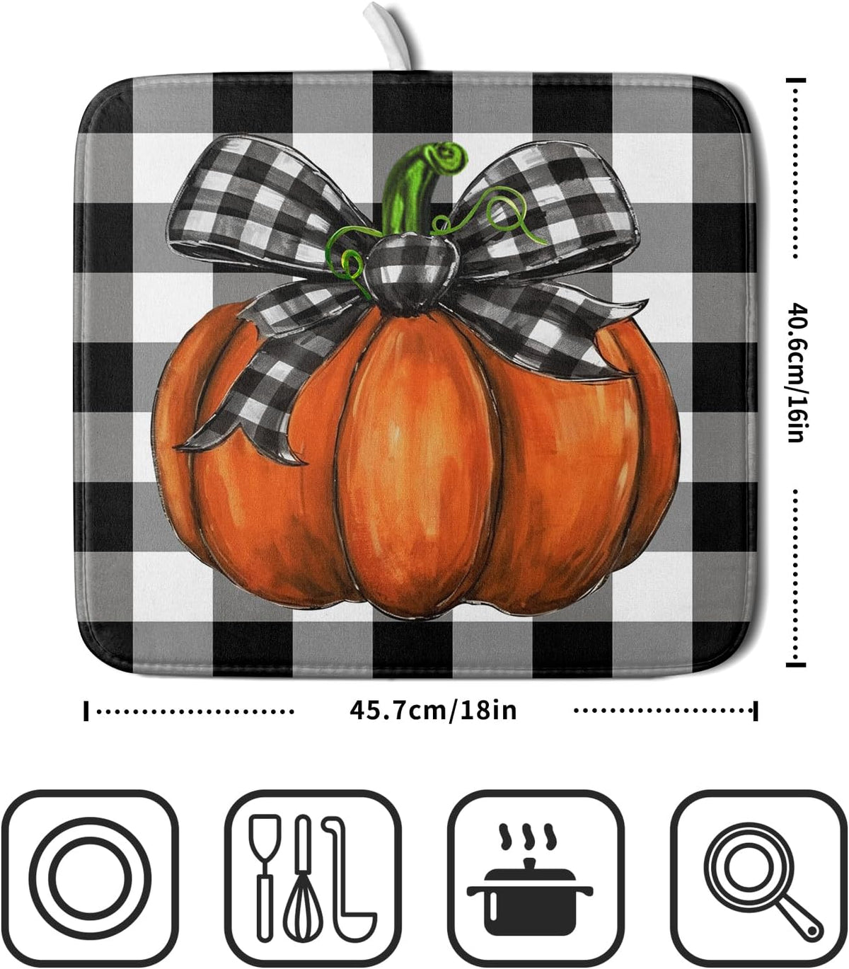 Fall Pumpkin Dish Drying Mat for Kitchen Counter Black White Buffalo Check Thanksgiving Super Absorbent Reversible Microfiber Kitchen Countertop Protector Dishes Pad Small 16x18 inch