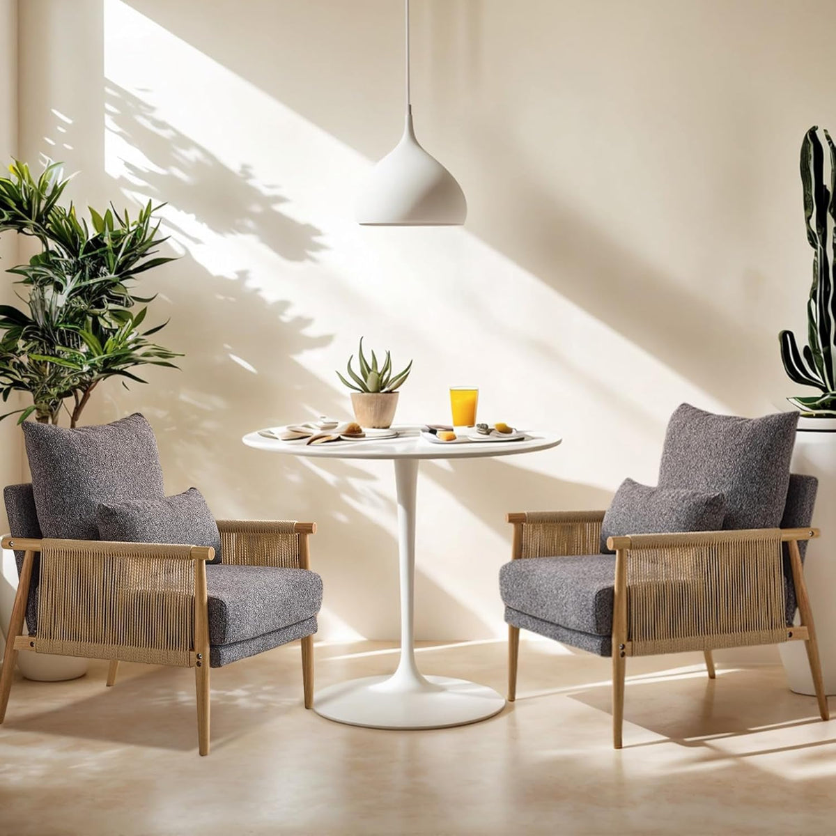 VINGLI Boho Braid Accent Armchairs Set of 2,Mid-Century Modern Chiars with Solid Wooden Armrest,Comfy Louge Cushion Chairs with Waist Pillow for Bedroom,Living Room,Reading Room, Gray