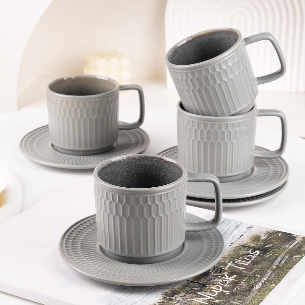 Large Cappuccino Cups with Saucers Set of 4, 8 Ounce Stackable Embossed Ceramic Coffee Mugs for Specialty Coffee Drinks, Latte, Cafe Mocha and Tea, Dishwasher & Microwave Safe (Grey)