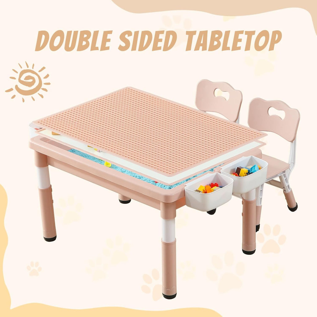 Multi Functional Kids Table and 2 Chairs Set, Graffiti & Building Blocks Double-Sided Tabletop, Toddler Play Table with Drawers, Large Storage Space, Gift for Boys/Girls, Pink