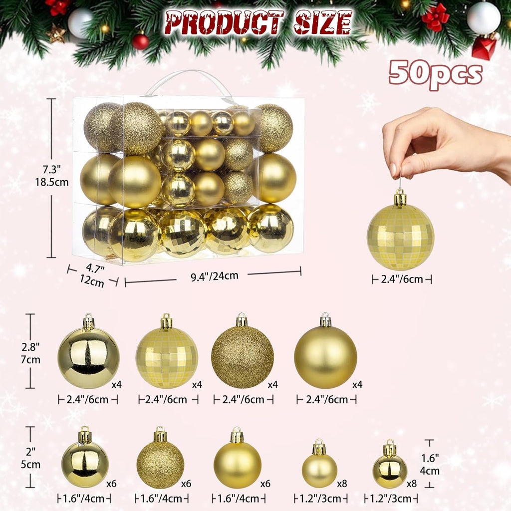 50pcs Gold Christmas Ball Ornaments Large Shatterproof Christmas Tree Decorations Xmas Tree Ornaments Balls with Hanging Loop for Xmas Wedding Holiday Party Wreath Home Decor