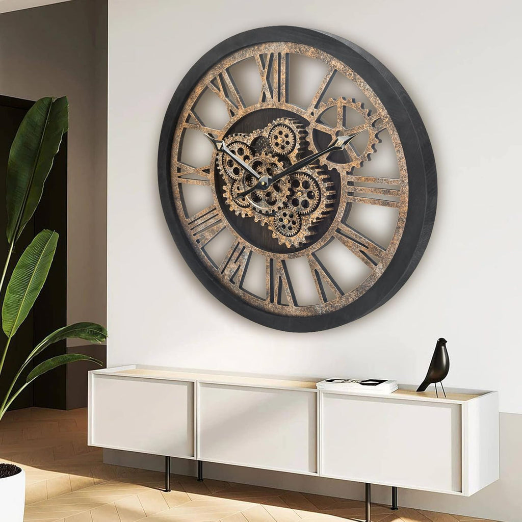 HOIBAI Large Wall Clock, 24 Inch Wall Clocks for Living Room Decor Farmhouse Vintage Rustic Kitchen Wall Decor Vintage Roman Big Oversized Wall Clock for Home Bedroom House Office, Moving Gears Clock