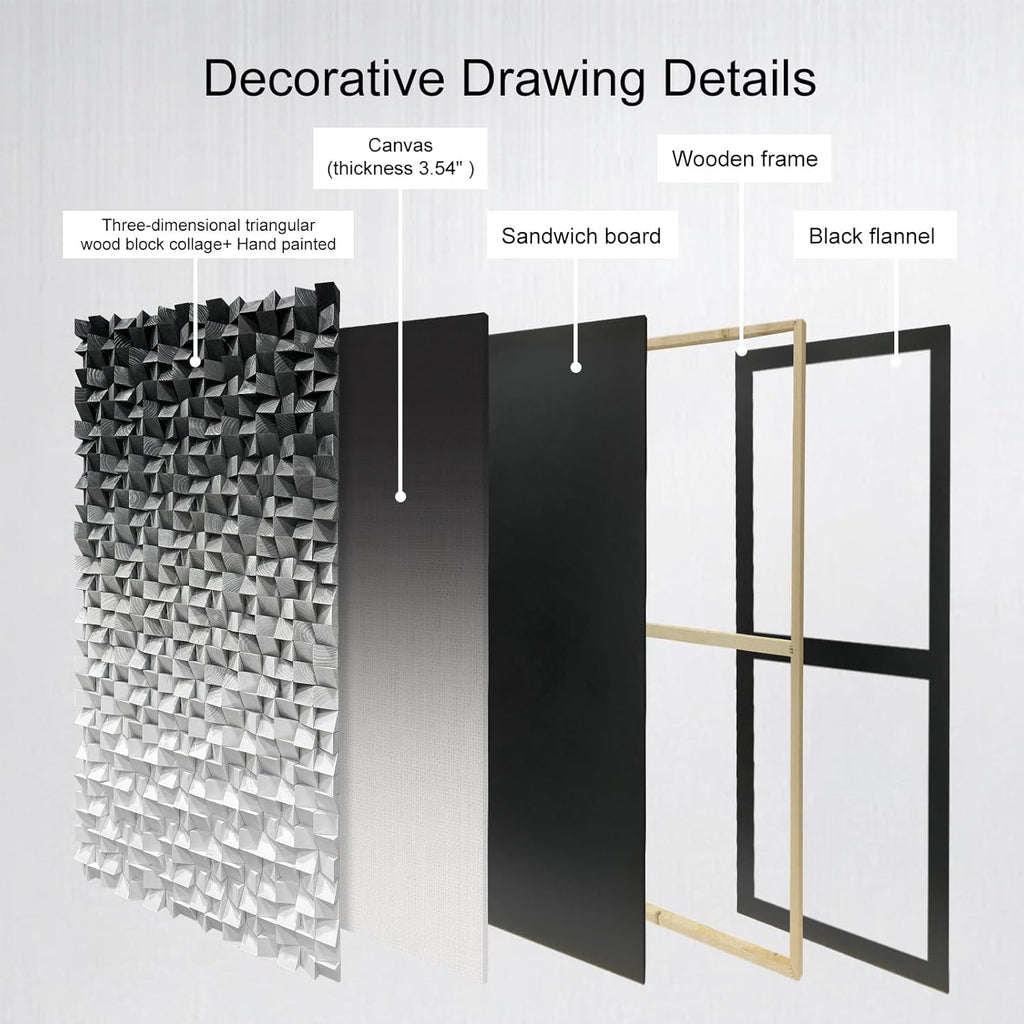 LIUZEYUE - Wooden Block Stereoscopic Painting Geometric Modeling Wall Decoration 3D Wooden Artwork Living Room Bedroom Background Wall Office Decoration Black and White Gradient 35.4"x70.8"