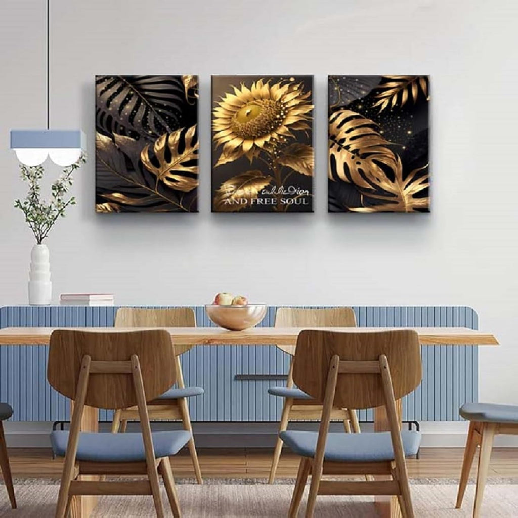 Yxbhhym Bedroom Wall Art Sunflower Canvas wall Art for living room Black and Gold Wall Décor pictures Leaf Artwork Paintings Flower Poster Prints Dining Room Office Décor Bathroom Decorations