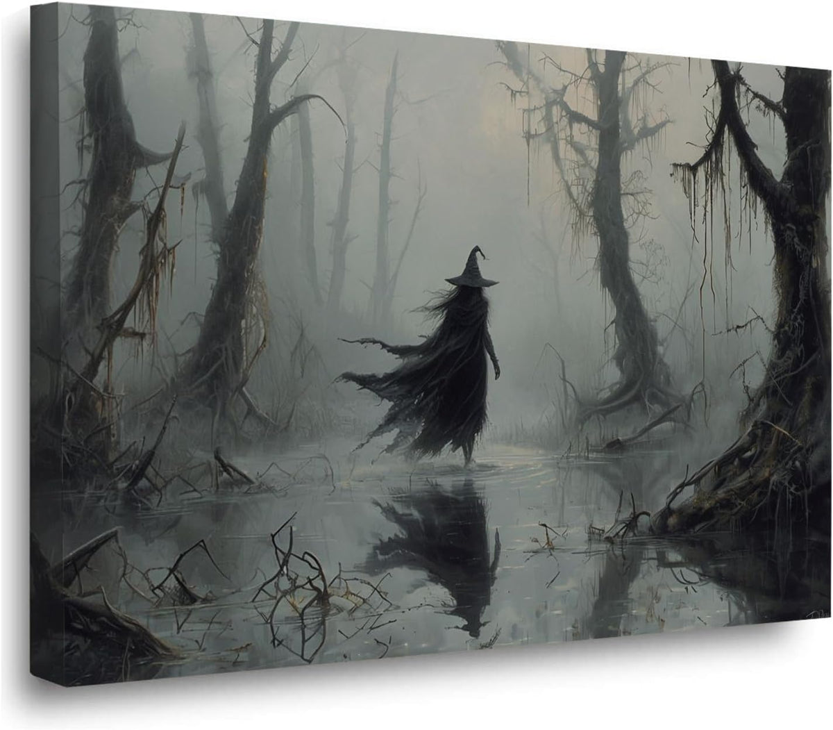 Vintage rustic swamp witch poster dark moody wall art gothic horror season halloween print for home decor retro dark moody painting28x40in Wood Framed