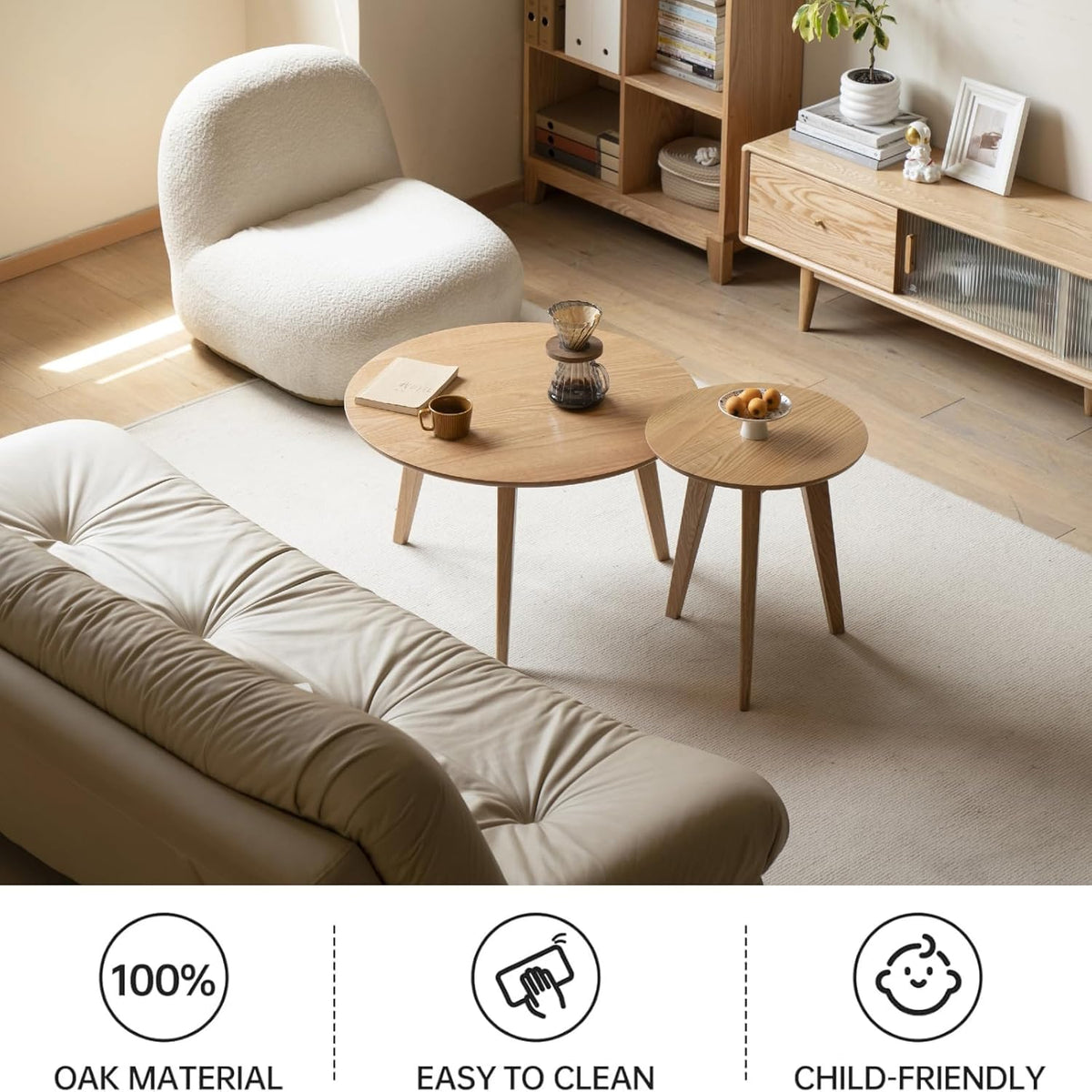 100% Solid Oak Wood Mini Coffee Table, Round Side Table w/Solid Wood Legs, Walnut Mid Century Coffee Table w/Sturdy Frame for Bedroom Balcony Living Room (29.53" D x 17.72" H)