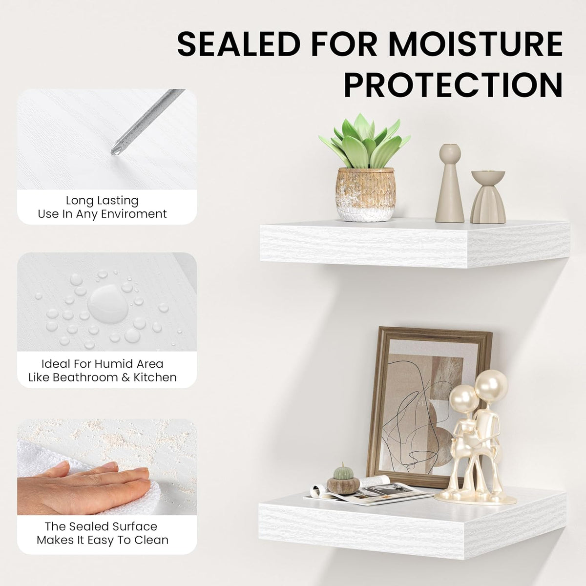Square Floating Shelves for Wall, 8" W x 8" D x 1.2" H, Small Wooden Wall Mounted Display Shelves with Invisible Brackets for Living Room, Bedroom, Bathroom, Kitchen Decor, Set of 4, White