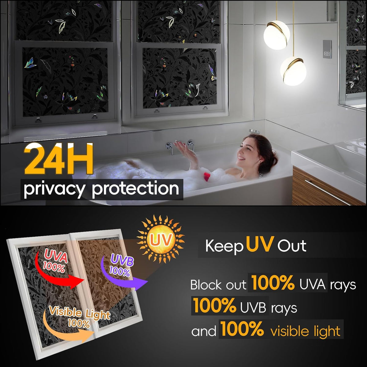 Total Blackout Window Privacy Film Decorative Static Cling with Tools, Room Darkening Window Tint for Home, Black Out Window Cover Replacement Window Curtains Window Blinds,45.2" by 78.74"