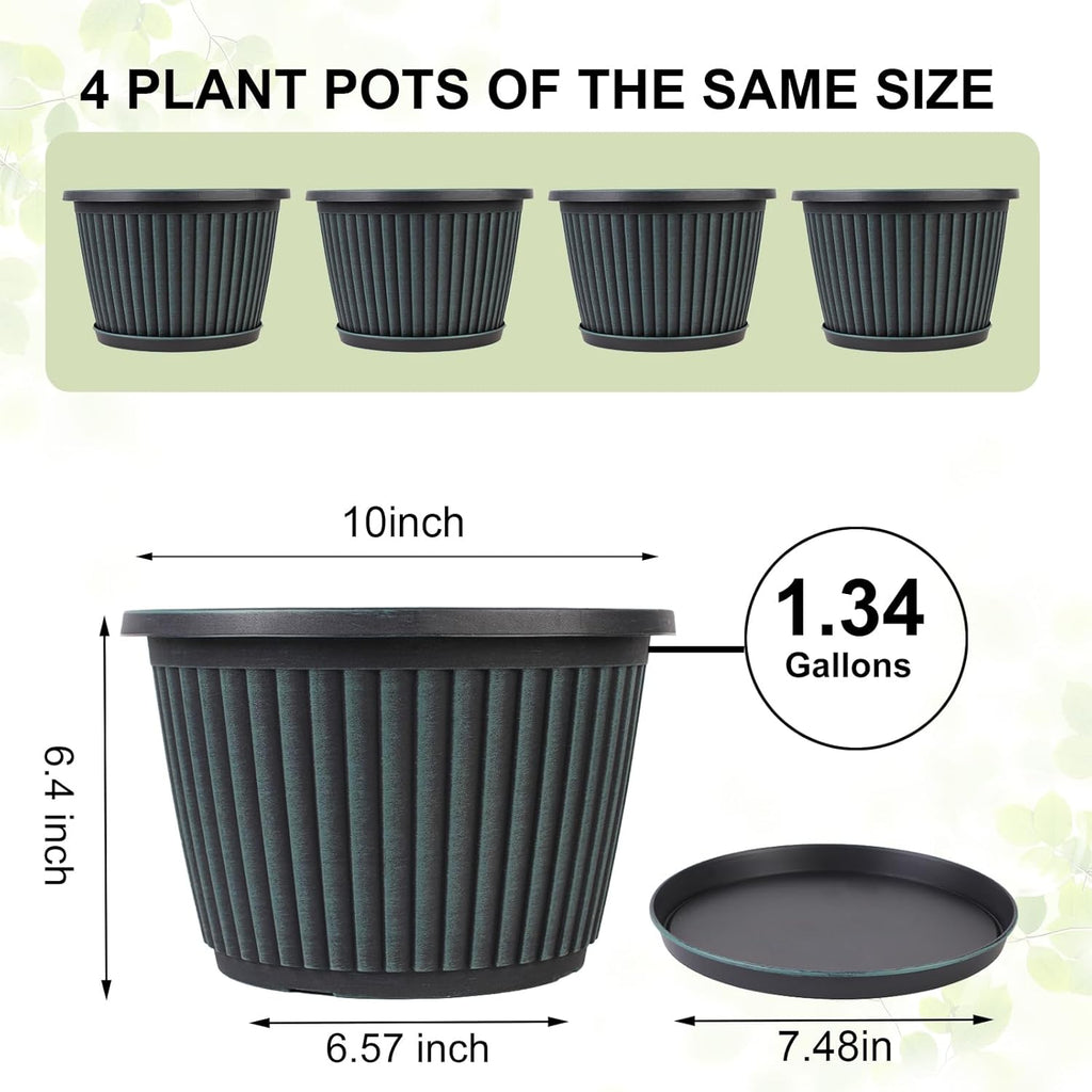 10 Inch Planter-Pots-for-Plants-Indoor-Outdoor, 4 Pack Plastic Flower Pots with Saucer & Drainage Holes, Modern Decorative Resin Garden Pots