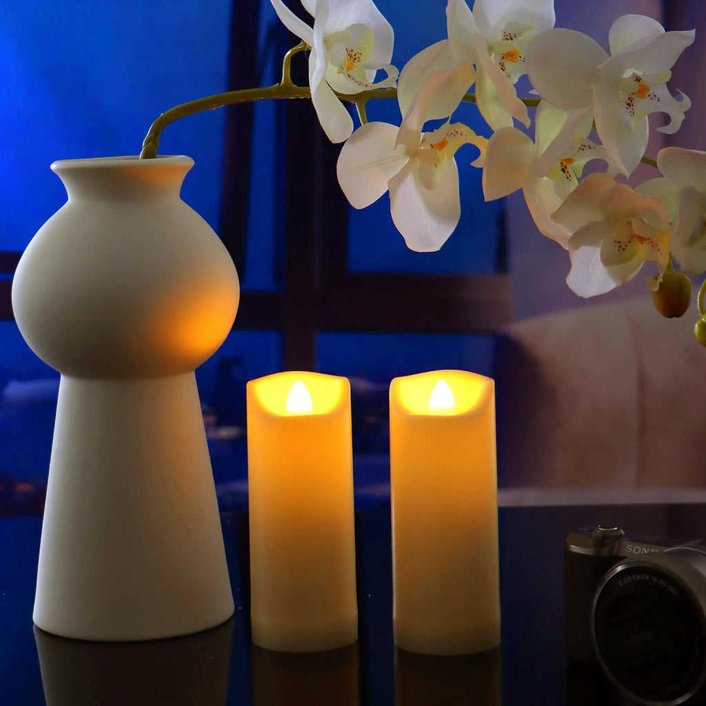 CANDLE CHOICE Waterproof Outdoor Battery Operated Flameless Candles with Auto Timer Flickering Plastic Resin Electric LED Slim Pillar Lights for Lantern Patio Garden Wedding Decorations 2”x5” 2 Pack