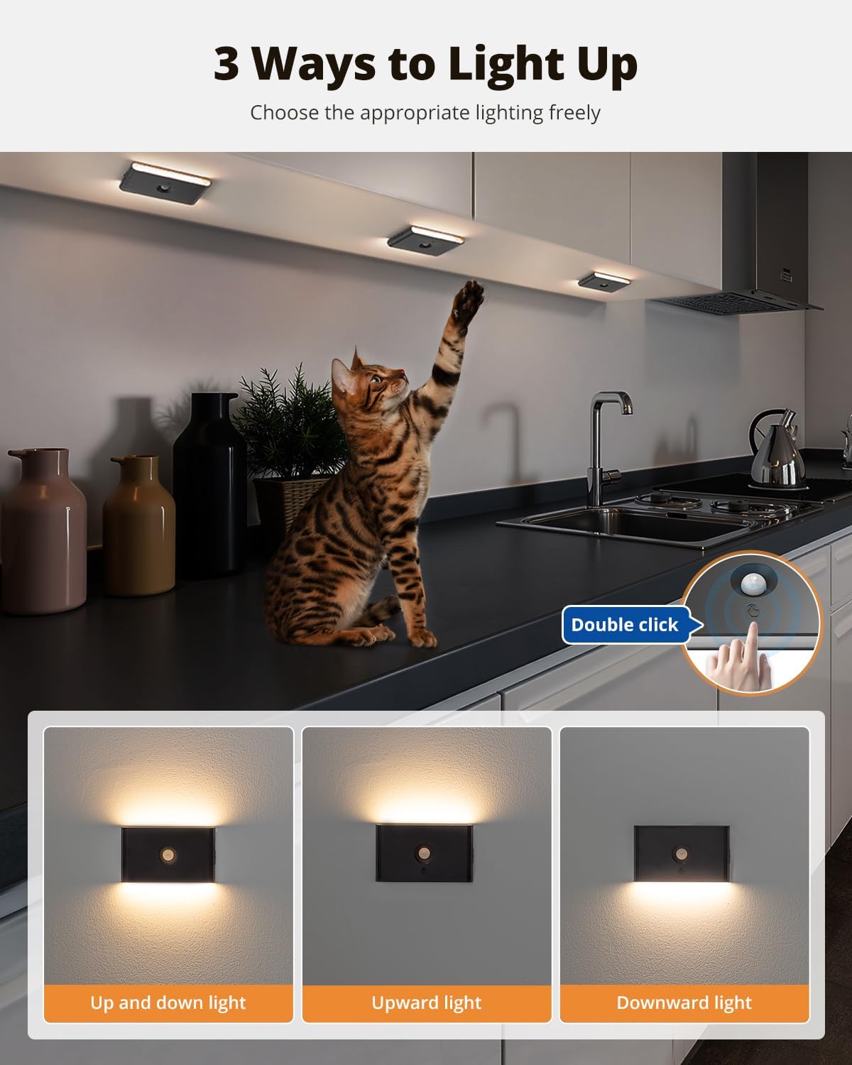 wowatt 6 Packs Rechargeable Motion Sensor Stair Light Black (Magnetic Mounting Design)(Sensor Modes Available)(Lighting Dimmable) Battery Night Lights for Stairway, Hallway, Bathroom