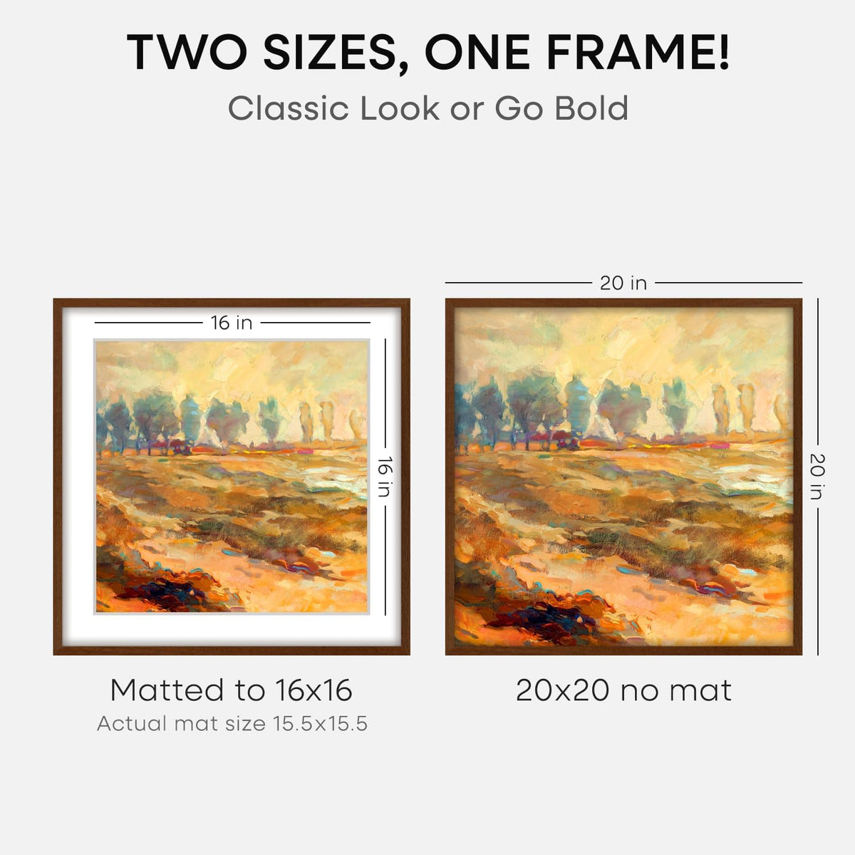 Homeforia 20x20 Brown Picture Frame, High End Dark Oak 20 x 20 Square Wood Frame with Mat 16 x 16 for Photo, 20by20 Wooden Walnut Poster Frame Matted to 16x16 Print, Tempered Glass, Wall Kit, Set of 1