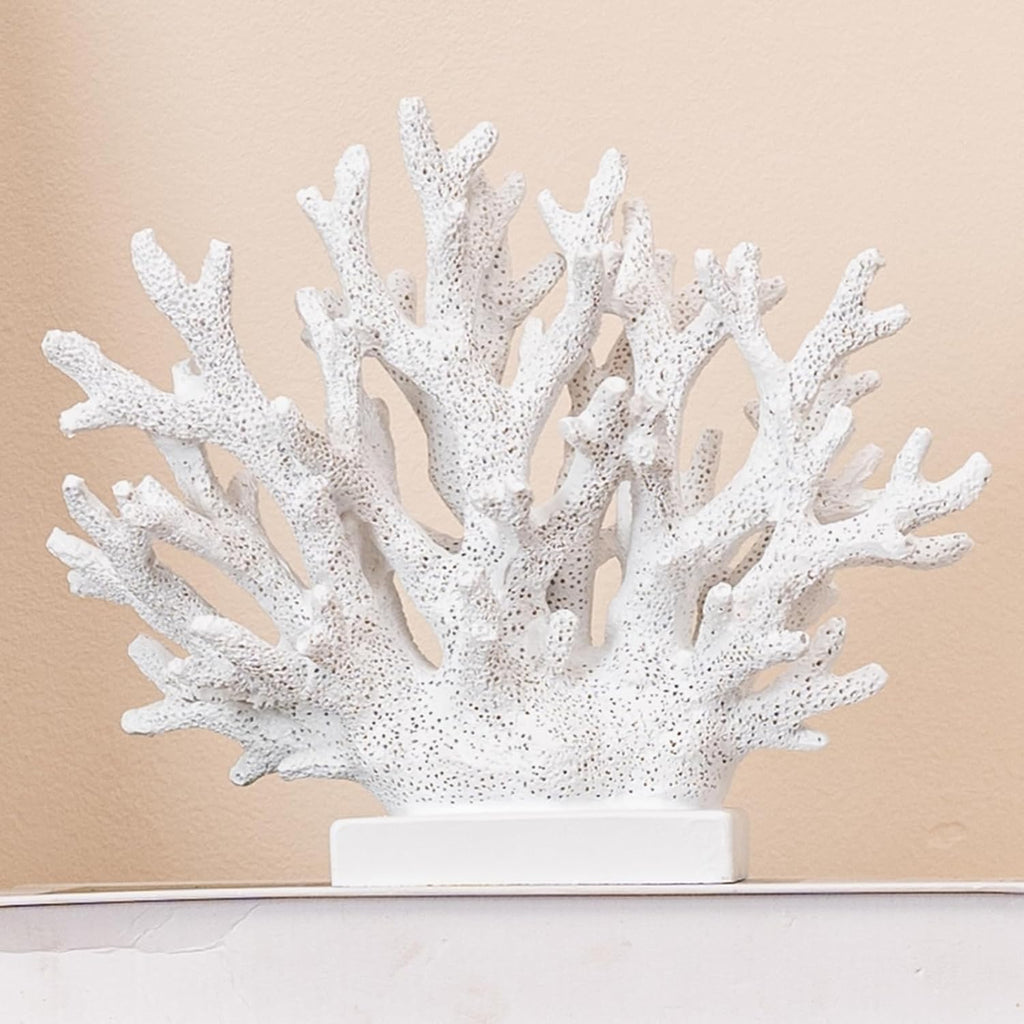 5.8" H White Coral Decor, Resin Coral Statue, Nautical Decorations for Home, Bedroom, Bathroom, Living Room, Beach/Coastal/Ocean Themed Cabinet Shelf Tabletop Decor
