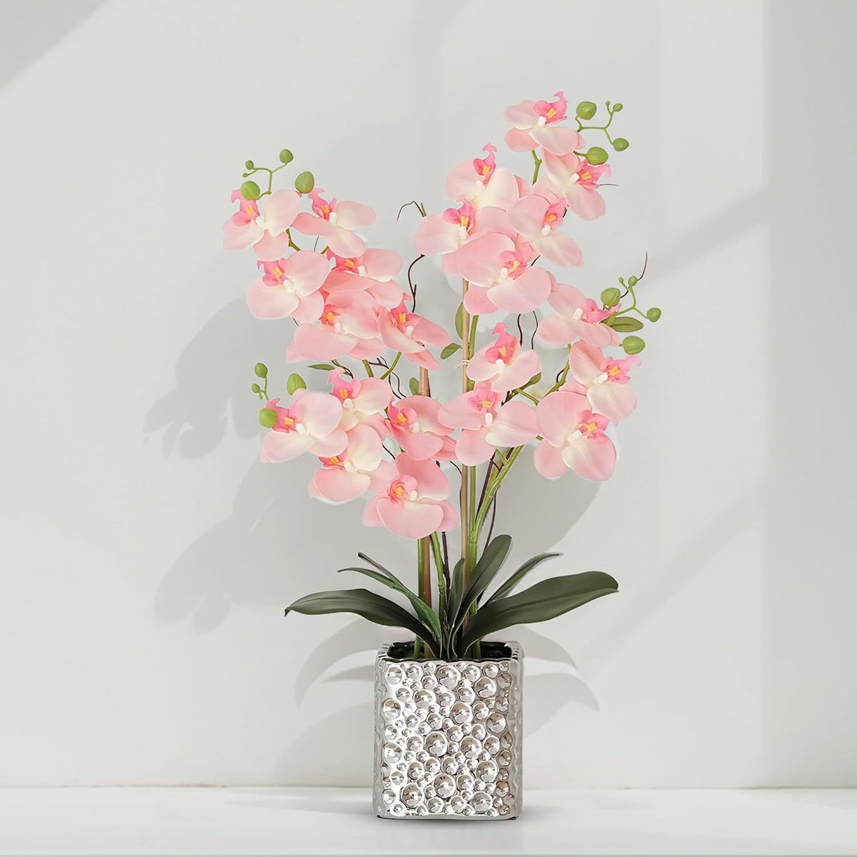 Orchid Artificial Flowers with Sliver Vase Large Silk Faux Phalaenopsis Flowers for Dining Room Table Floral Centerpieces Indoor Decoration,Pink