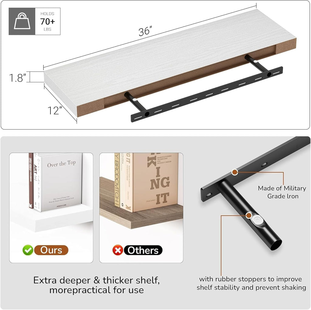 10 inch Deep Wall Shelves 36 inche Long, 1.8 Thick Single Floating Shelf Wall Mounted, Heavy Duty 70 lbs Shelves for Bedroom, Books, Living Room, Kitchen, Office Modern Farmhouse Decor, White