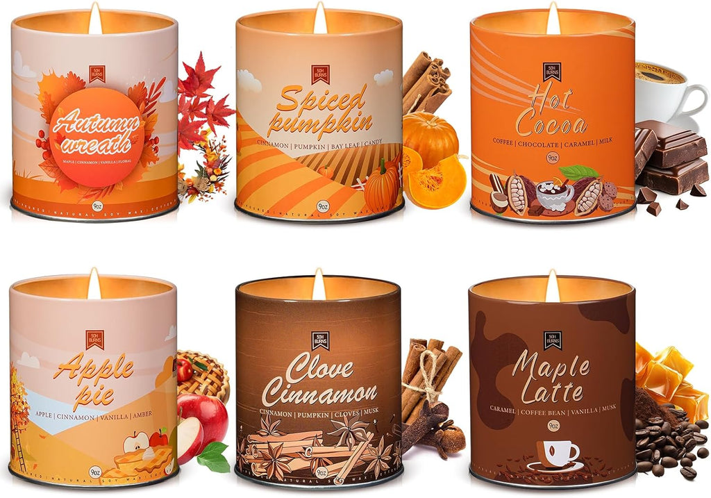 Set of 6 Fall Scented Candles 9 oz Aromatherapy Non Toxic Soy Wax Birthday Candles for Halloween Christmas Easter, Birthday Gifts for Women Men Back to School Gifts for Students, 6 Warmful Scents
