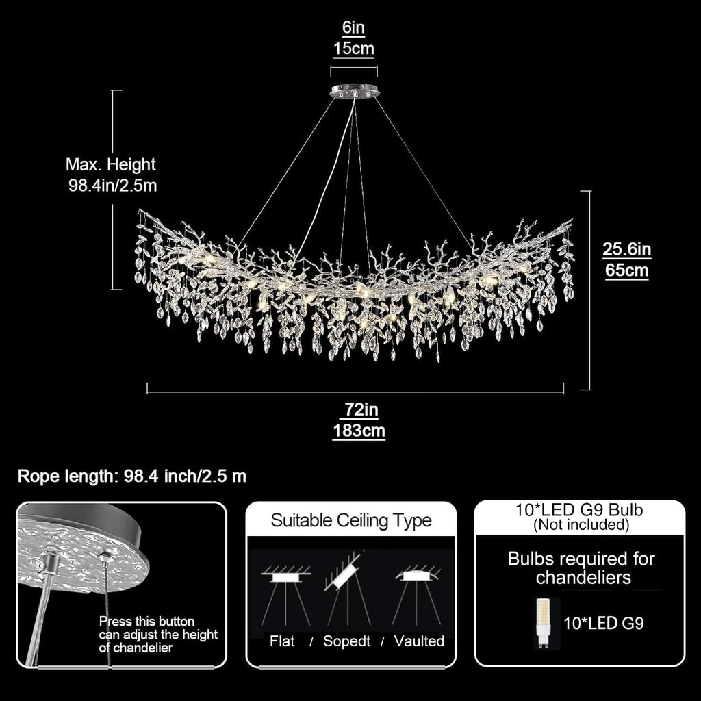 Modern Crystal Silver Chandelier,72" Large Rectangular Chandeliers for Dining Room, Tree Branch Crystal Lving Room Chandelier,Dining Room Over Table Chandelier,Fixture Height-Adjustable
