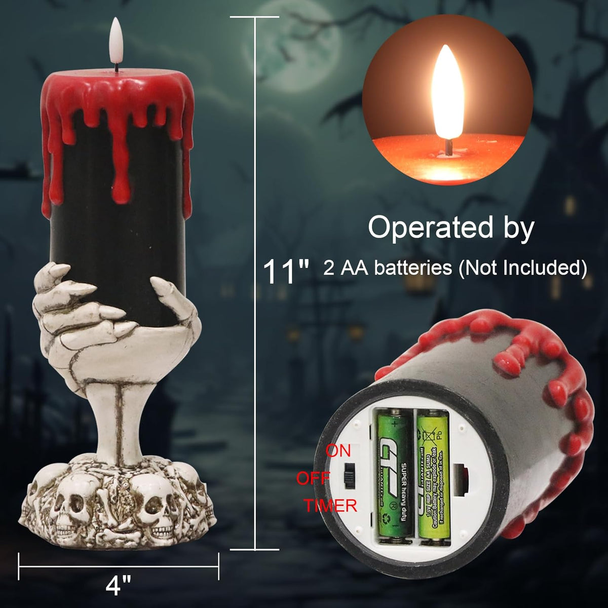 Wondise Halloween Flameless Candles with Ghost Hand, Battery Operated LED Black Candles with 6hrs Timer, Real Wax Pillar Candles with Flickering 3D Wick for Halloween Home Theme Party Decor