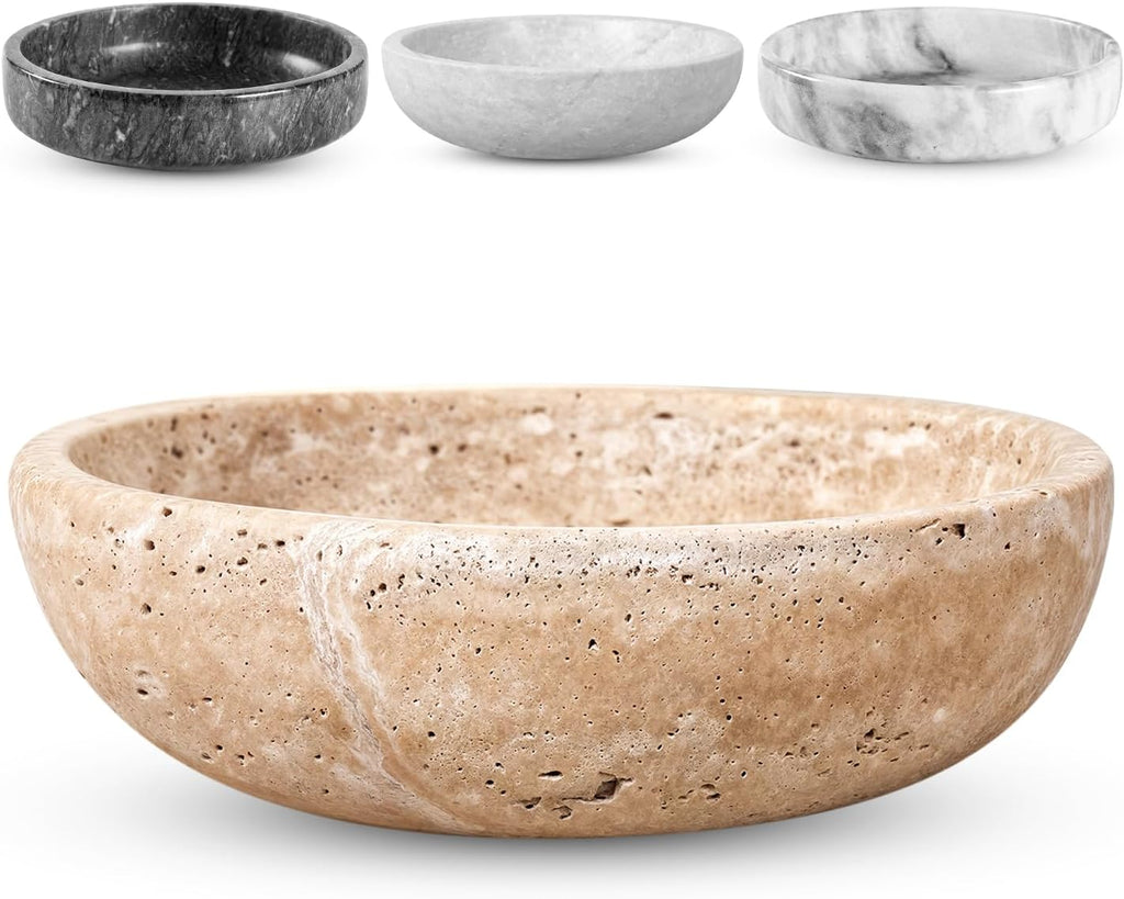 Travertine Decorative Bowl - 7.8” Diameter & 2” Height - Key Bowl for Entryway Table - Travertine - Organic Modern Centerpiece - Beige/Natural