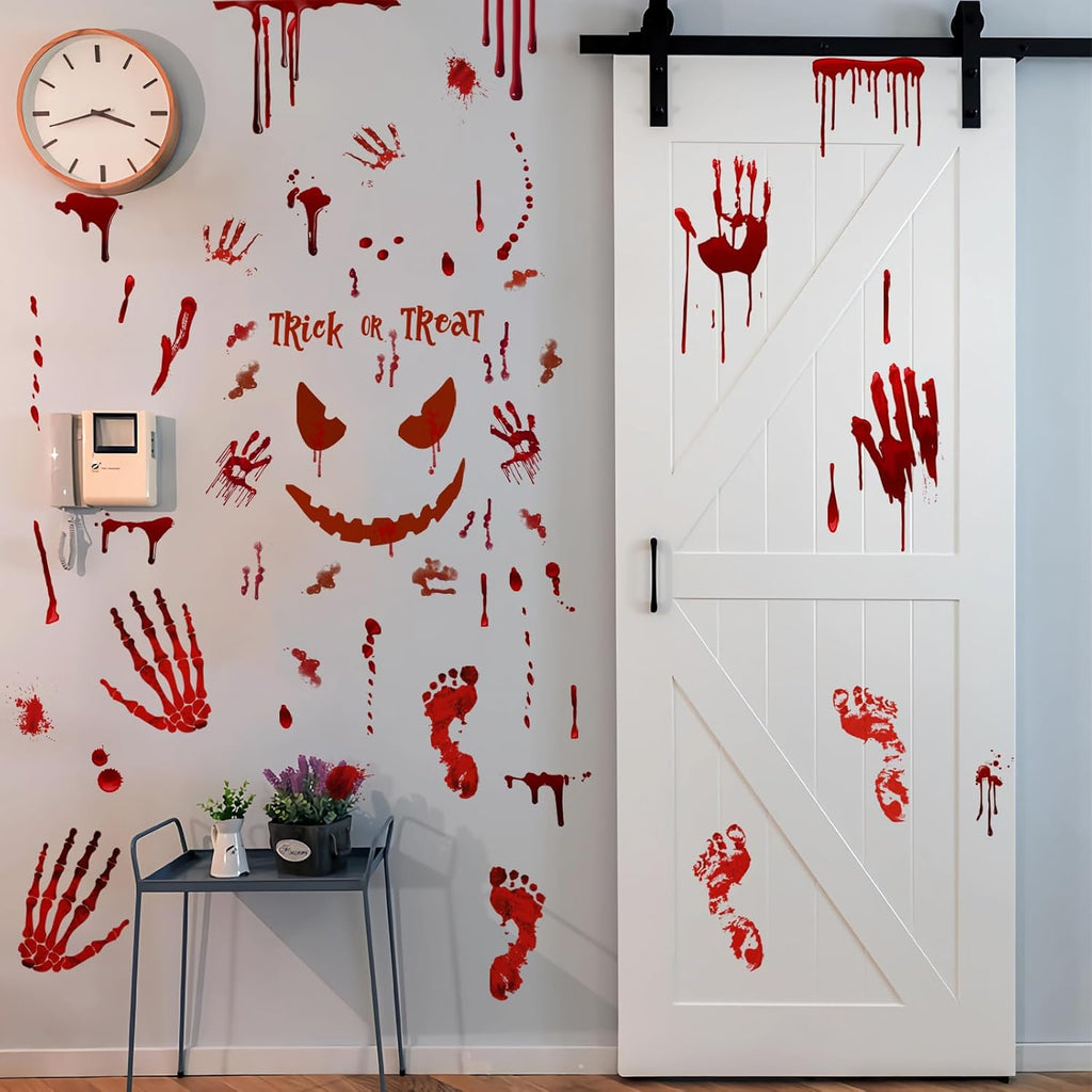 Scary Halloween Decorations Bloody Handprint Footprint Stickers Clings Decals Window Bathroom Floor Restroom，Horror Party Decor Halloween Indoor/Outdoor Decoration