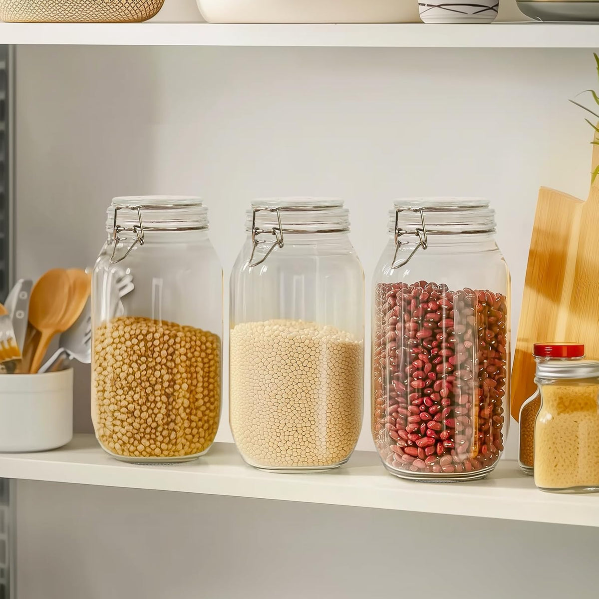 ComSaf Large Glass Jars with Lid 64 oz, Large Mason Jars Set of 3, Glass Canisters with Airtight Lids, Half Gallon Canning Jar with Seal Wire Clip Fastening for Kitchen, Pickle, Flour, Sugar, Cereal