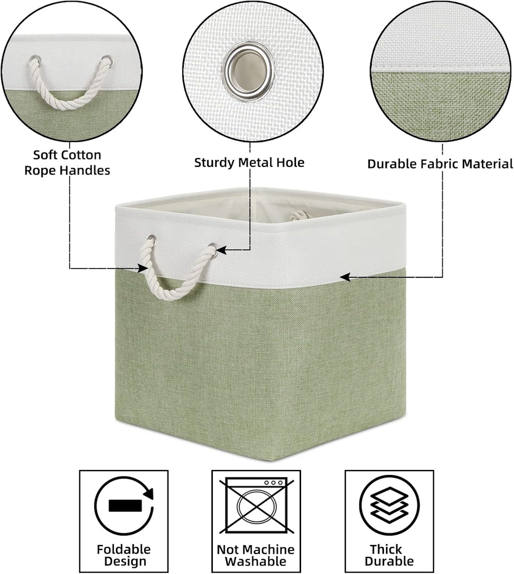Bidtakay Cubby Storage Bins Set of 3 Fabric Baskets for Shelves Closet Drawer Organizer Storage Cubes 13x13 Collapsible Organization Baskets for Nursery Toy Shelf (White&green)