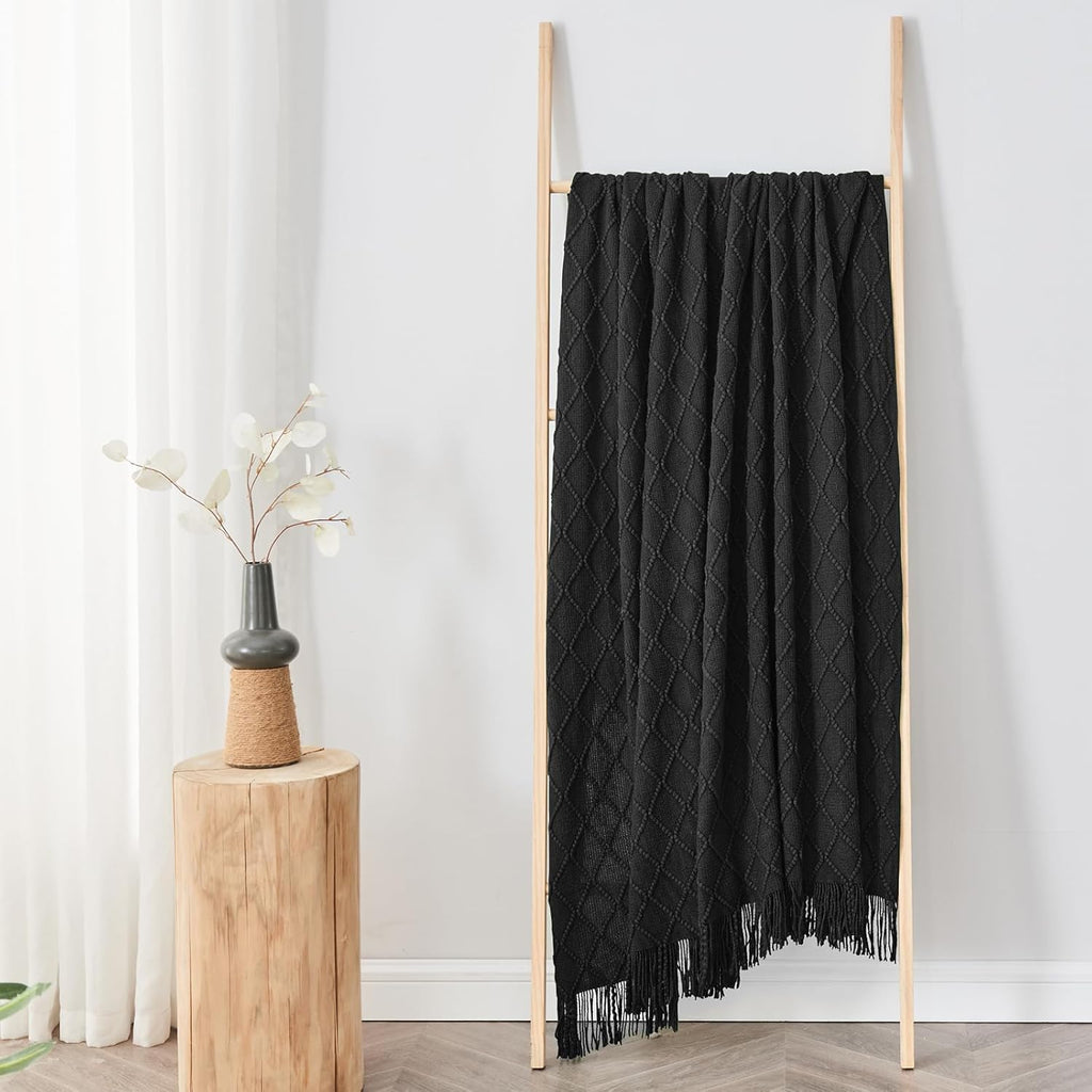 inhand Knitted Throw Blankets for Couch and Bed, Soft Cozy Knit Blanket with Tassel, Black Lightweight Decorative Blankets and Throws, Farmhouse Warm Woven Blanket for Men and Women, 60"x80"