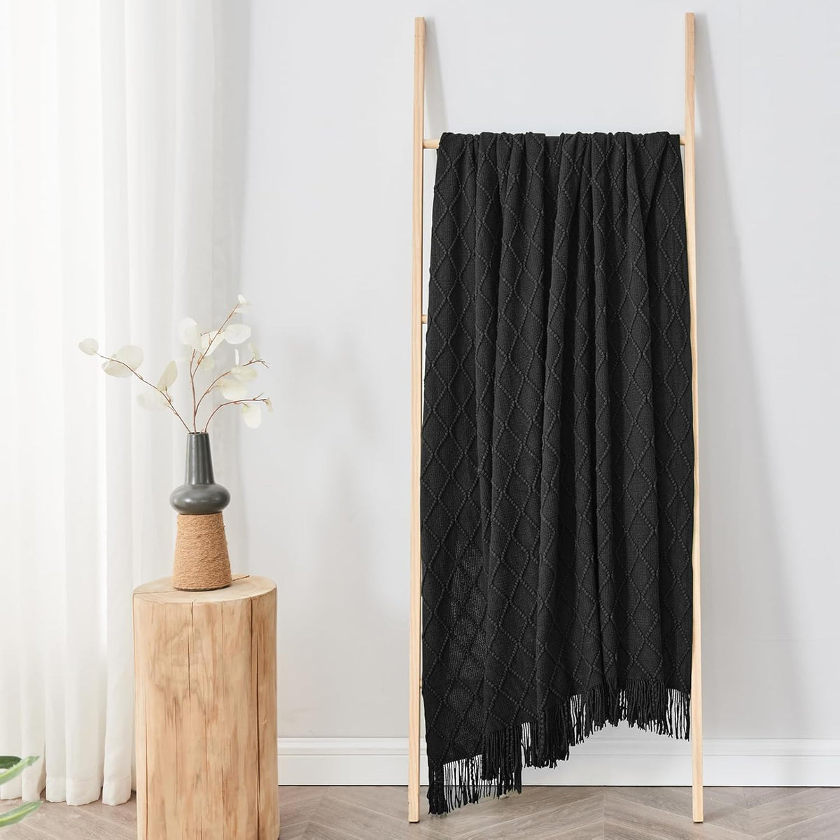 inhand Knitted Throw Blankets for Couch and Bed, Soft Cozy Knit Blanket with Tassel, Black Lightweight Decorative Blankets and Throws, Farmhouse Warm Woven Blanket for Men and Women, 50"x60"