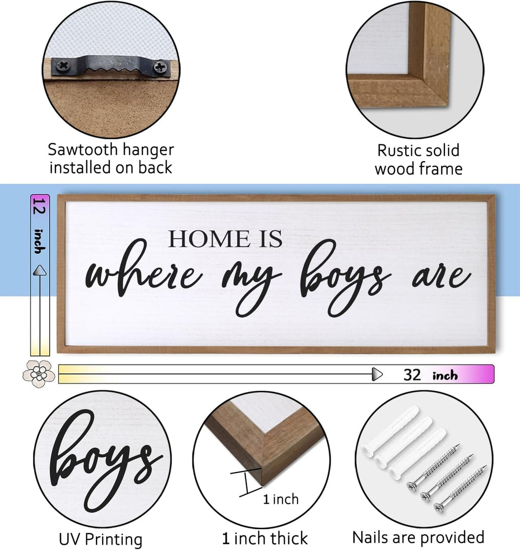 Home is Where My Boys are Sign Framed Wall Art, 32''×12'' Rustic Horizontal My Son Plaque with Natural Frame for Baby Kid Boy Son Teen Toddlers Room, Horizontal Mom of Boys Gifts Nursery Decor