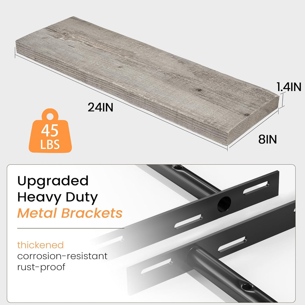 Fun Memories Floating Shelves for Wall Decor, 24"x8" Rustic Reclaimed Wood Shelves, Heavy-Duty Wall Mounted Shelves with Invisible Brackets, Set of 2for Living Room, Bedroom, Kitchen, Grey Finish