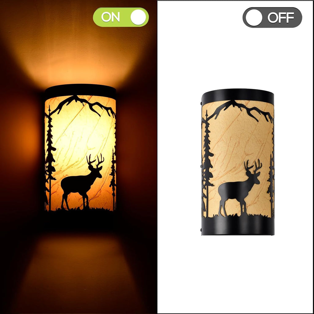 Wall Sconces Set of Two,Deer Metal Yellow Parchment Rustic Wall Sconces,Farmhouse Matte Black Wall Mount Lamp,Vintage Bedroom Wall Lights,Indoor Wall Lamps for Living Room,Hallway,Porch
